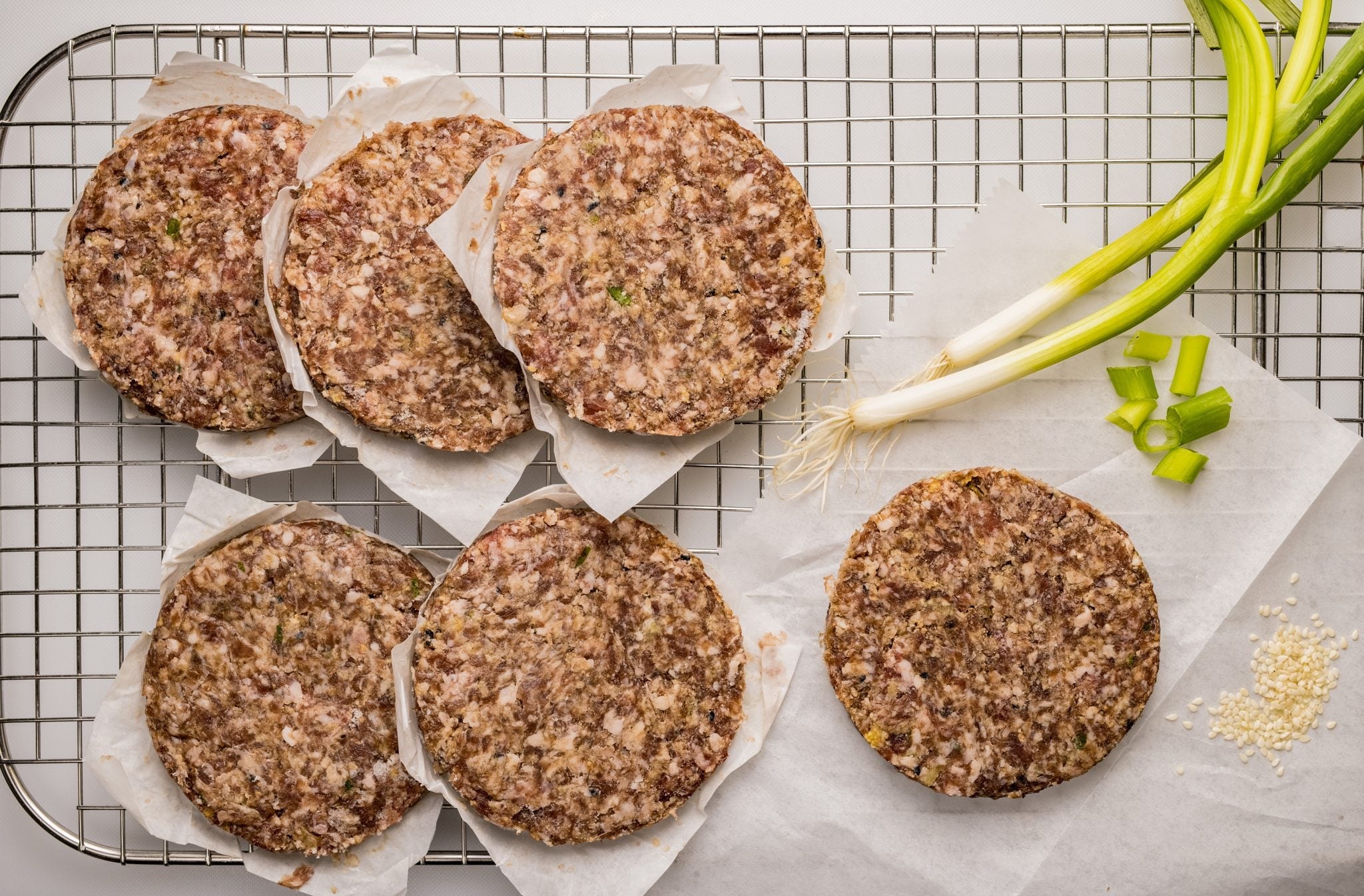 Korean Beef Burgers – 6 hand-pressed patties with scallions and sesame
